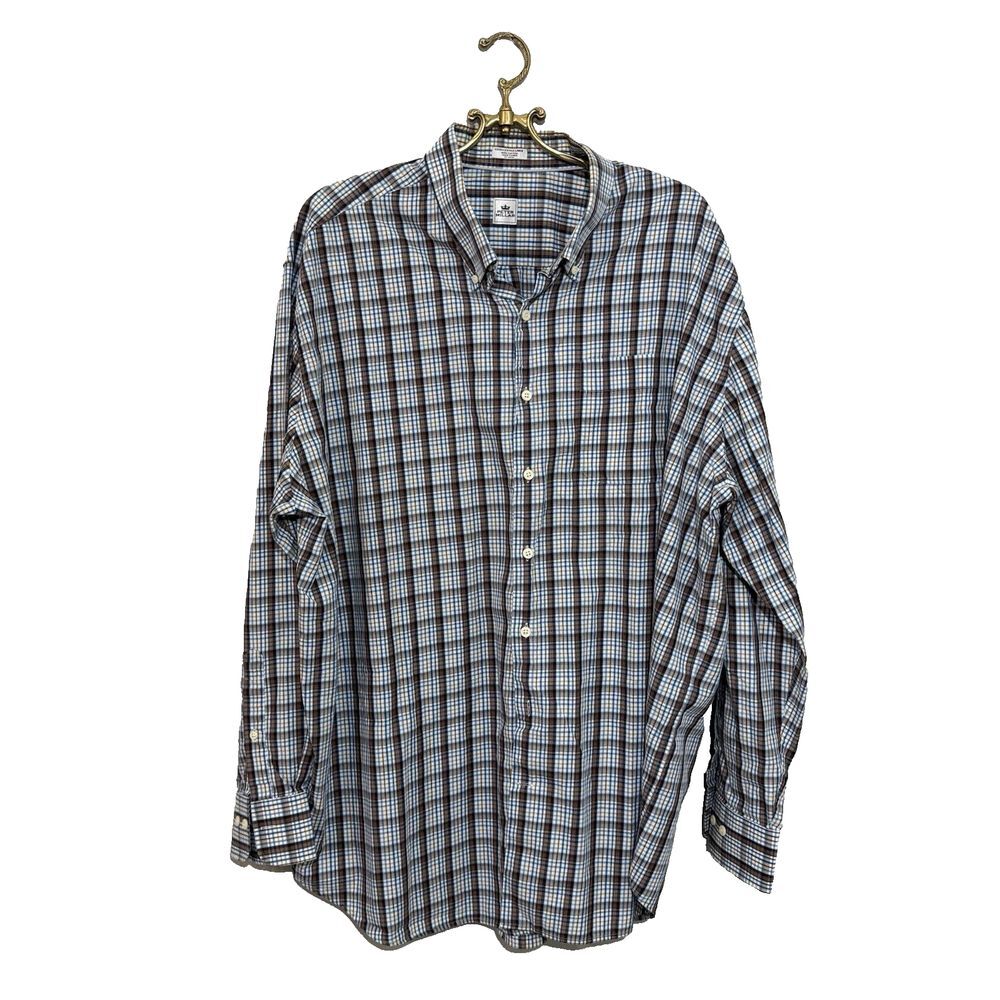 Peter Millar Button Down Dress Shirt Men's 2XL Brown Blue Plaid Gingham Shirt